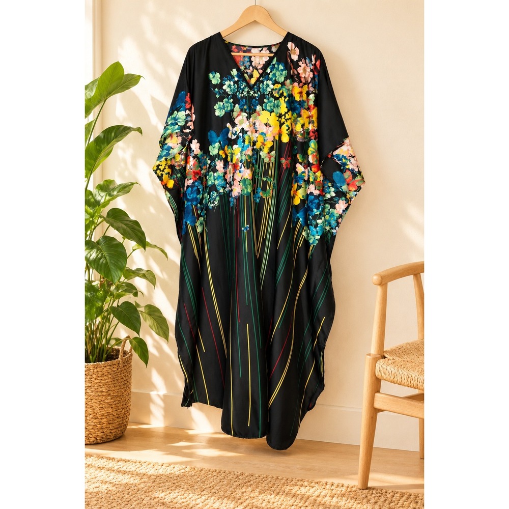 Black Floral Butterfly Caftan Dress One Size Boho 70s Style Mrs Roper Lounge